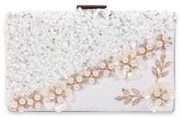CORIOS Damen Strass Clutch Tasche Blume Abendtasche Shiny Diamant Handtasche Perlen Klein Tasche Hochzeit Brautbörse Kette Schultertasche Elegante Geldbörse Portemonnaie Tasche Weiß