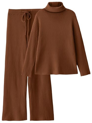 LILLUSORY 2-teiliges Damen-Outfit, Rollkragenpullover, Lounge-Set und Hose mit weitem Bein, gemütliches Strick-Sweatanzug-Set, Braun, L