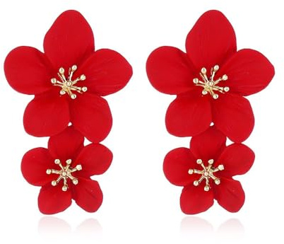FDEETY Doppelschichtige Blumen Tropfen Ohrringe - Böhmische Blume Ohrringe mit Übertriebener Blumenoptik - Modeschmuck für Damen (Rot)