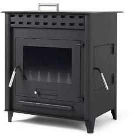 Estufa de leña pequeña modelo C 12.6 Kw | Chimenea rustica de leña | Estufa de leña clásica con horno y doble puerta.