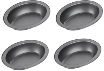 Chef Aid Juego de 4 moldes ovalados antiadherentes para tartas, 17 cm x 13 cm x 3,7 cm, acero al carbono duradero, fácil de limpiar, ideal para pasteles, migas y porciones individuales, color gris
