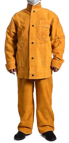 MECKOZ Schweißer-Overalls Aus Rindsleder Arbeitsschutzjacken Aus Leder Mit Verbrühungsschutz Und Schwerlasthosen Abriebfeste Schutzkleidung(Yellow,XL)