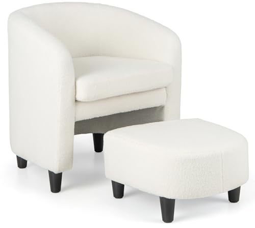 COSTWAY Sessel mit Fußhocker, gepolsterter Clubsessel mit Massivholzrahmen & rutschfesten Filzpolstern, Akzentstuhl Relaxsessel für Wohnzimmer, Schlafzimmer (Beige)
