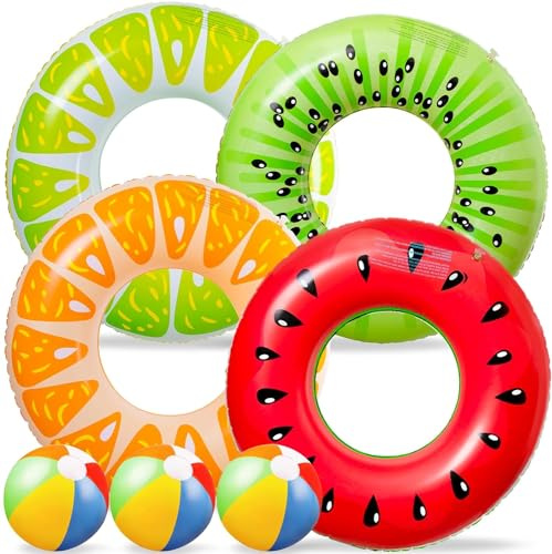 LATERN 7 Pièces Fruit Flotteurs Gonflables de Piscine, 4 Pièces 75CM Anneaux de Natation en Forme de Fruit avec 3 Pièces 35CM Ballons de Plage pour Enfants Adultes Plage Natation Piscine Fête