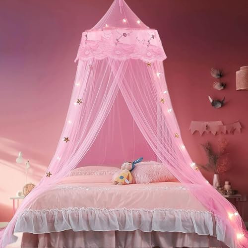 Wnqou Pink Mosquito Net for Girls Princess Bed Netting Canopy for Bedroom with Round Lace for Punch-free Installation Bed Net for Single or Double Bed Ideal for Decorative