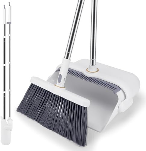 vvhippo Set di Scopa e Paletta, Scopa con Manico Lungo e Paletta Verticale, Scopa a Girevole a 180 Gradi per la Pulizia dei Pavimenti, Bianco (A) (Bianco)