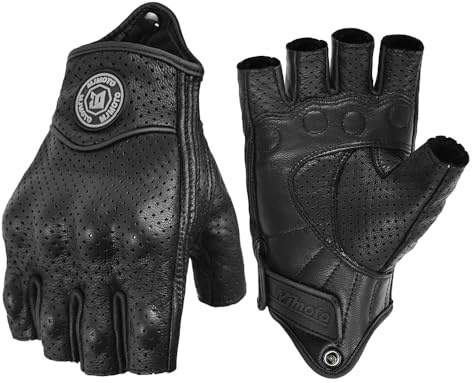 mjmoto Motorrad-Handschuhe aus Ziegenleder, Fingerlos, Vintage-Stil, Perforiert, Schwarz