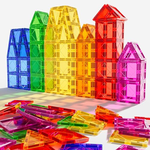 Magnetic Tiles, 62 PCS Magnetic Building Blocks for Kids, Sensory Learning Educational Magnet Tiles, 3D Magnets Construction Kids Toys, Christmas Toy Gift for Boys and Girls 3 4 5 6 7 8 9+ Years