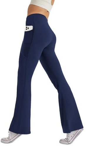 Glacspyg Dambyxor med fickor, yogabyxor, fritid, joggingbyxor, hög midja, sportbyxor, elastiska breda bootcut, jazzbyxor, Marinblå, L