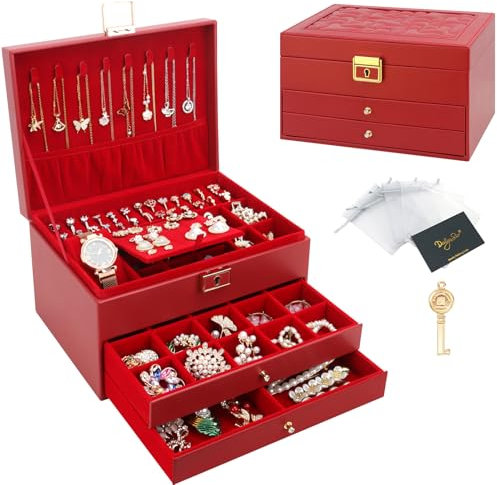 DesignSter Boîte à bijoux, Organisateur de bijoux avec 2 tiroirs, Boîte de rangement de bijoux en cuir à 3 couches avec serrure, Coffret à Bijoux pour collier, d'oreille, bracelet, Rouge