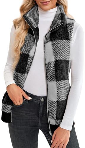 Maeau Women's Fleece Gilet Checked Jacket Bodywarmer Sleeveless Coat Plush Vest Jacket Ladies Zip-Up Waistcoat with Pocke Lightweight Outwear for Autumn Winter