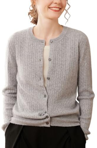 Valin Chaqueta de punto 95% de cachemira para mujer, cuello redondo, manga larga, jersey de punto para mujer, patrón trenzado, jersey grueso relajado, SPR2401, gris, 38