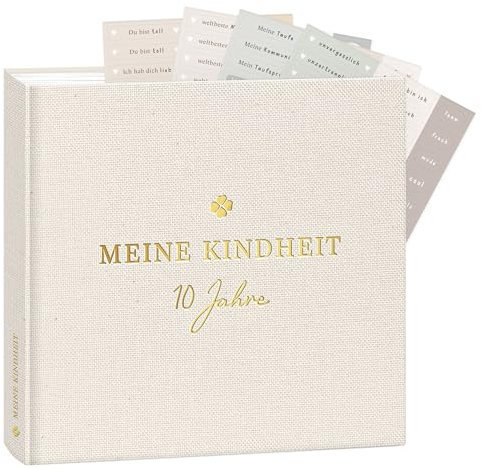mintkind® Erinnerungsalbum Kindheit Leinen, Babybuch zum Eintragen mit Sticker Set, Geschenk zur Geburt, Erinnerungsbuch Kinder, Fotoalbum 0–10 Jahre, hochwertiges Hardcover Album