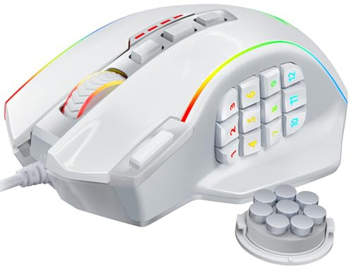 Redragon Gaming Mouse, MMO Gaming Mouse UP 12400 DPI, 19 Macro Programmable Buttons, RGB Mouse with 12 Side Buttons, 8 * 2.4g Weight Tuning for PC Laptop MOBA FPS, White