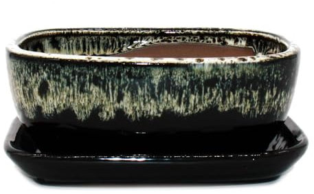 Bonsai-Schale mit Unterteller Gr. 3 - Schwarz-Weiss - rechteckig - Modell GB5 - L 21,5cm - B 17cm - H 8cm