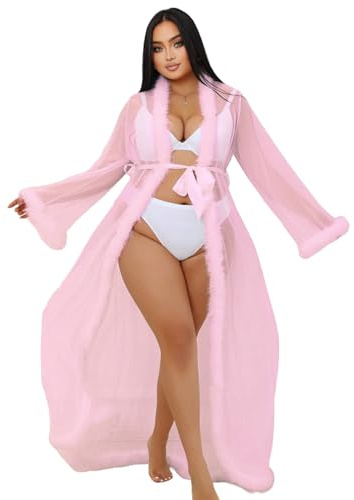 ohyeahlady Accappatoio Donna con Piume Taglie Forti Kimono in Tulle A Maniche Lunghe Vestaglia con Cintura Cardigan Pigiama Lingerie Curvy Rosa,XL-XXL