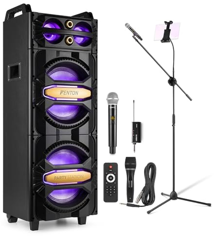 Fenton LIVE2102 Karaoke System – 800W House Party Speaker with Bluetooth, RGB Lights, USB/SD, AUX – Karaoke Speaker with Wireless Microphone Set & Adjustable Mic Stand Tablet Mount