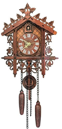 Muzrunq Cuckoo Clock for Wall Traditional Vintage Coo Coo Clock with Pendant Numeral Decorative Density Board Wall Chime for Home Living Room, Dark Yellow Cuckoo Call Bell, Koo Koo Hour Bell