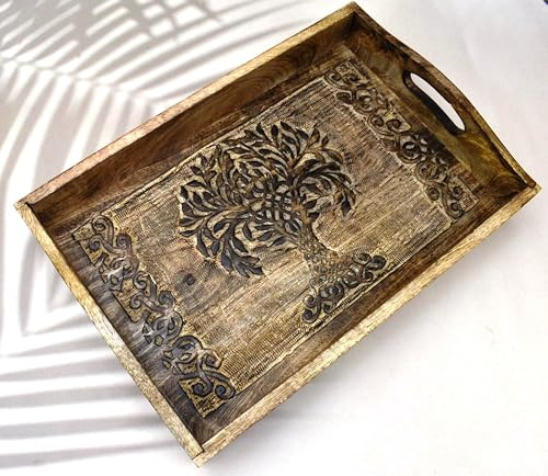 India House - India House Bandeja de madera para servir con asas, bandeja rectangular hecha a mano de 15 x 10 pulgadas para aperitivos, café, té, cena y desayuno, plato rústico para cocina y comedor