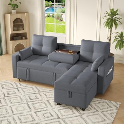 Divano convertibile a 3 posti a L, divano ad angolo convertibile con contenitore e portabicchieri pieghevole, divano a 3 posti, divano letto estraibile modulabile, adatto per soggiorno, appt (grigio)