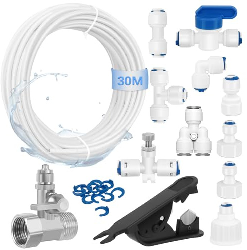 Tubo di Alimentazione dell'Acqua per Frigorifero da 30 m 1/4, 35 Pezzi Kit di Connessione Acqua per Osmosi Inversa (Tipo Y+T+I+L + Valvola di Intercettazione + Valvola di Regolazione + Tagliatubi)