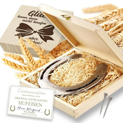 4youDesign | Echtes getragenes Hufeisen in Holzbox mit Gravur Glück kann man nicht kaufen, aber schenken | Glücksbringer mit Zertifikat | Geschenk zur Hochzeit, zum Geburtstag oder als Dankeschön