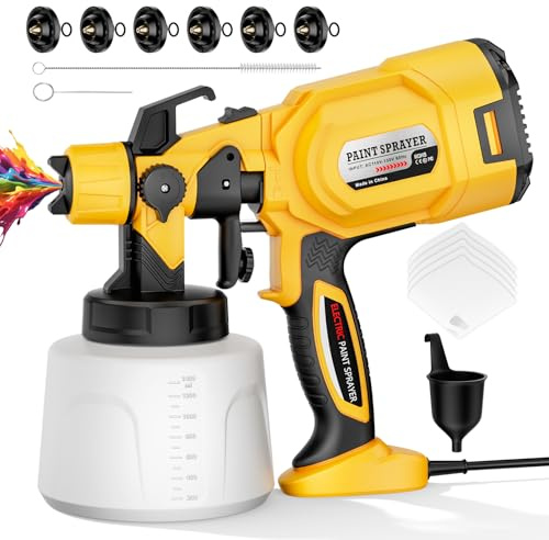 Paint Sprayer, 1000W Spray Paint Gun with 6 Brass Nozzles, Even Coating & No Drips, 1400ml Large Container, 1200ml/Min High Flow, 3 Spray Patterns, Paint Sprayer for House Painting, Furniture, Fence