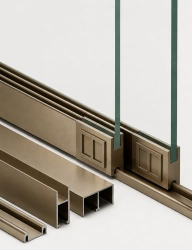 Glass Sliding Door Track Kit,Aluminium,Double Chute Rail with Sliding Door Roller for Cabinet,No-Drilling Glass/Plastic Floor Rails(Champagne,180cm,0.5cm)