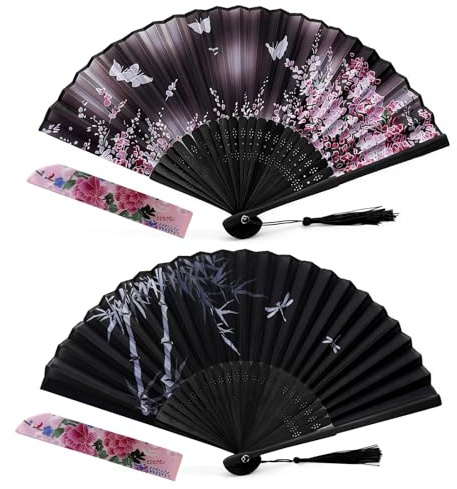 EeGo Folding Hand Fan, Handheld Fan Bamboo Hand Fan for Birthday Gifts Dancing Cosplay Wedding Party, 2PCS Flower Black | Folding Hand Fan, Handheld Fan Bamboo Hand Fan for Birthday Gifts Dancing Cosplay Wedding Party, 2PCS Flower Black