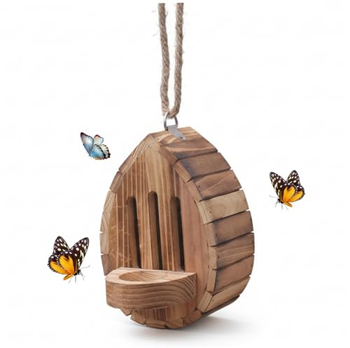 Pineeseatile Casas de Mariposas para Exterior, casa de Mariposas para Exterior, hábitat de Madera en Forma de lágrima y comedero con Cuerda para decoración de jardín
