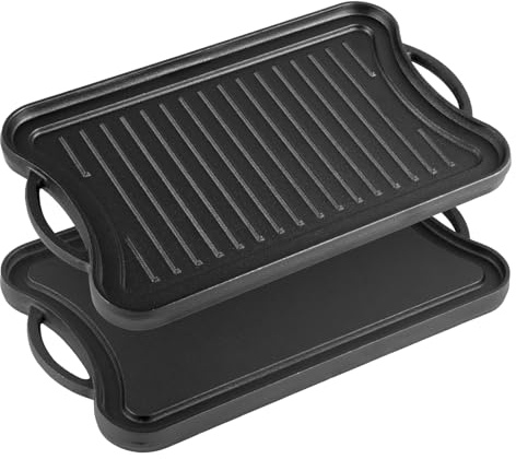 Minifactory Cast Iron Griddle Pan, Reversible Grill & Flat Plate for Gas Hob, Induction & BBQ, Pre-Seasoned Non-Stick Double Burner Griddle with Handles, Oven Safe & Camping (Rounded Angle)