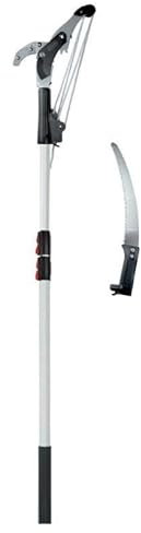 Corta ramas profesional + serrucho dentado japonés con mecanismo multiplicador de triple acción con pértiga ovalada de 3x1500mm con bloqueo de pestillo y anti-vibración. 1.5+1.5+1.5m.
