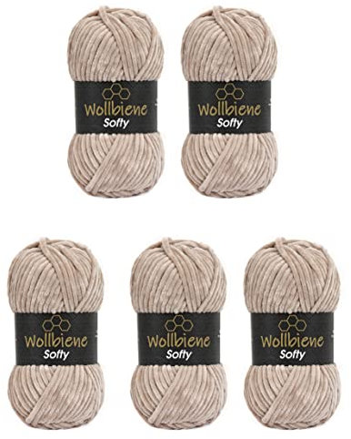Wollbiene Softy 5 x 100 Gramm Chenillewolle Strickwolle, Babywolle, 500 Gramm Wolle Super Bulky (taupe 91)