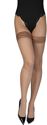 Annes styling Sindis Calze Autoreggenti da Donna 15 Denari Antiscivolo in Silicone Trasparenti, Lunghezza Coscia, con Fascia Righe, M-L