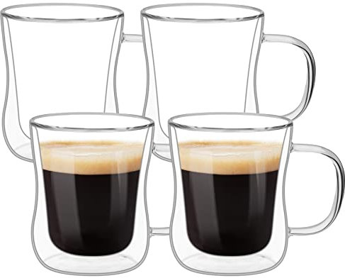 ComSaf 350ML Double Walled Glass Coffee Cups Set of 4, Heat Resistant Borosilicate Glasses Mugs with Handle, Insulated Thermo Tumbler for Tea Cappuccino Latte Hot/Cold Drinks