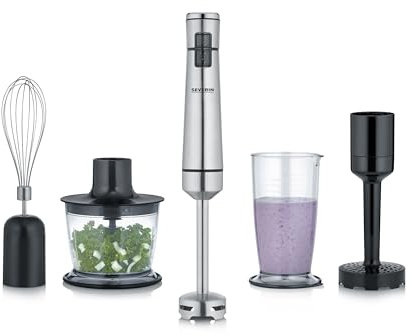 SEVERIN Kabelloser Stabmixer mit Premium-Set, abnehmbarer Mixstab, mit Pürierstab, Multizerkleinerer, Mixbehälter, Kartoffelstampfer & Schneebesen, schwarz/Edelstahl-gebürstet, SM 3775