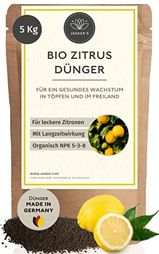 JASKER'S Bio Zitrusdünger 5 Kg - Langzeit Granulat - 100% Bio-Dünger für Zitruspflanzen mit viel Kalium - Organischer Zitruspflanzendünger mit Vinasse für Zitronenbaum - Zitronendünger - Citrus Dünger