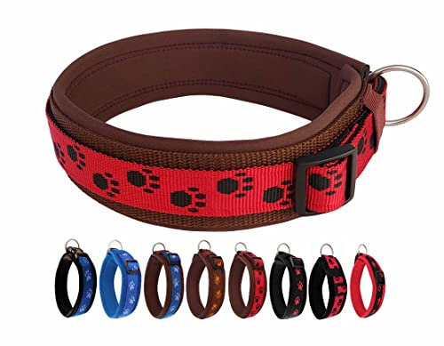 BUDDYPACK | Pfötchen-Hundehalsband Extra-Breit mit Neopren gepolstert | Größe XXS-3XL (4-6 cm breit) | Verstellbar (L/XL (53-58 cm), Schwarz-Rot auf Braun)