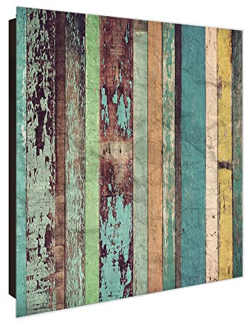 banjado Großer Schlüsselkasten Glas - Schlüsselbox 30x30cm mit 50 Haken - Schlüsselkasten modern für Schlüsselaufbewahrung mit beschreibbarer, magnetischer Glastür - Motiv Holz bunt