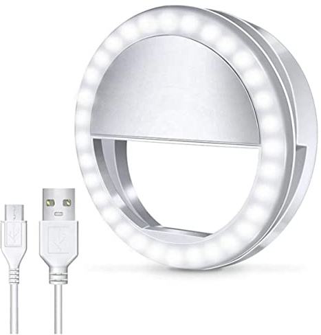 Orco Rechargeable Selfie Ring Light - 36 LED Clip-On Phone Light with 3 Brightness Levels, Portable Ringlight for iPhone, Android, Laptop, iPad - For Video Calls, Makeup & Content Creation (White)
