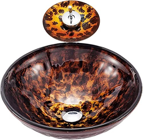 QIANMEI Bathroom Wash Basin Vanity Sink Round Countertop Wasning Sink Bowl ，Tempered Glass Bathroom Vanity Sink Bowl On The Top ，Hand Painted Flame Art Vessel Bowl Sink With Drain Combo