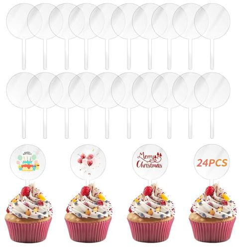 24 Pcs 2 Inch Clear Blank Acrylic Cupcake Toppers Round DIY Custom Cupcake Topper，Personalized Cupcake Topper Sticks for Birthday Party Baby Shower Wedding Party Decoration