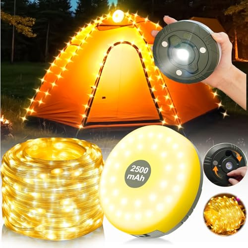 FUFRE Campingljuskedja upprullbar, vattentät bärbar LED-ljuskedja 10 m, USB-laddningsbar campinglampa, ljuskedjor utomhus för utomhus camping gård dekor ljuskedja (10 m, varmt ljus)
