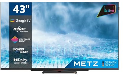Metz Smart TV, MUD8500Z, 43 (108 cm), Direct Led, UHD, 4K HDR, Google TV, HDMI e USB, Soundbar Integrata con Tecnologia Wonder Audio, Nero