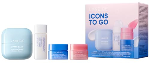 LANEIGE Icons To Go Set: Cream Skin, Water Bank Cream, Lip Sleeping Mask, Water Sleeping Mask, Travel Size, Full Size, Hydrate, Barrier-Boosting