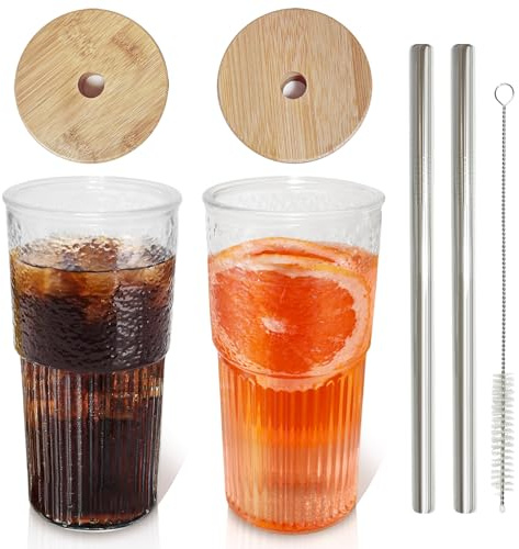 TOVE KNIGHTY Glas Mit Deckel Und Strohhalm,700ML Bubble Gläser,Bubble Tea Becher,Trinkgläser mit 2 Strohhalm/1 Bürsten für Wasser für Bubble Tea,Cocktail,Smoothies,Saft,2 Stück