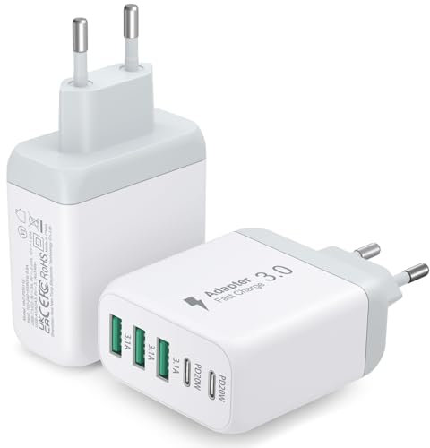Chargeur USB C rapide 2 Pack, 55W 5-ports Adaptateur Prise Piverselle avec 2 USB A et 3 USB C PD3.0, Chargeur USB Multiple pour iPhone 12/13/14/15, iPad Mini/Pro, Samsung Galaxy S24/S23 Pixel 6(Blanc)