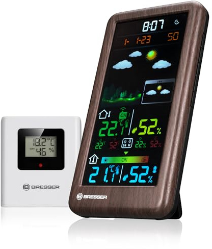 Bresser Neomeo V Stazione meteo con sensore esterno, effetto legno | Temperatura interna ed esterna, umidità, previsioni 24 e 48 h, comfort interno, avviso gelo, orologio radio