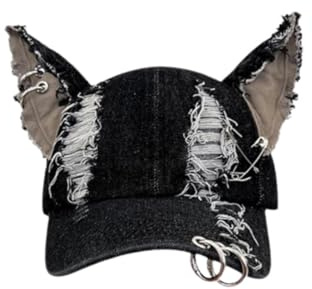 Y2k järnring lastbilsförarkeps kattöron baseballkeps kvinnor kepsar sliten denim basebollkeps grunge estetisk hatt, Svart, M