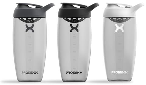 Promixx PURSUIT bottiglia shaker per proteine confezione da 3 per miscele di proteine e integratori frullati – Grigio Grafite, Nero, Bianco, 700ml